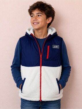 Eddie Bauer Sherpa Hooded Vest – Kids Size Large (14) Navy/Cream